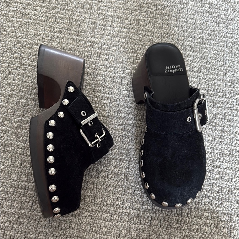 Jeffrey Campbell Ichlieb Buckle Black silver Clogs Shoes Chunky Heels Shoes 6.5
